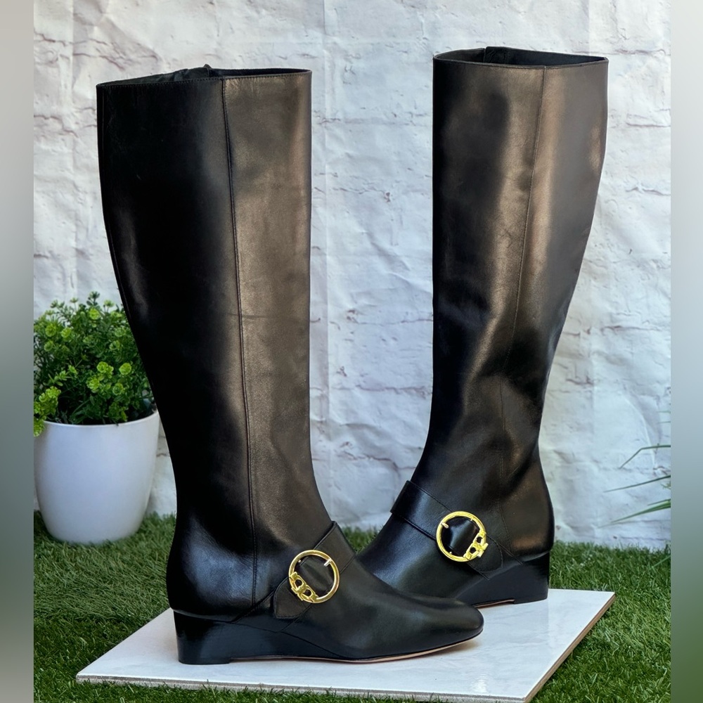 TORY BURCH Sofia Black Leather Knee-High Tall Wedge Boots Size 5 Riding boots - Picture 6 of 11